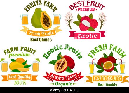 Exotic fruit sign and badge set. Tropical mango, papaya, passion fruit, lychee and tamarillo fruit and juice symbol with ribbon banner. Organic farm, Stock Vector