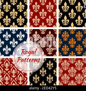 Fleur-de-lys seamless pattern background with french royal floral ornament of lily flower, adorned by victorian leaf scroll and flourishes. Vintage in Stock Vector