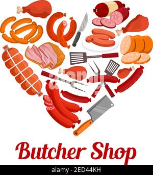 Heart made up of meat product poster. Sausage, bacon, ham, salami, frankfurter and chicken leg with butcher knife, barbeque fork and spatula. Butcher Stock Vector