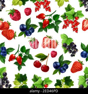 Berries fruits pattern. Vector seamless background of strawberry, raspberry, blueberry, blackcurrant, redcurrant, cherry, gooseberry, briar berry bunc Stock Vector