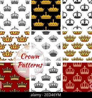 Royal crown patterns set. Vector seamless background of imperial king and queen golden crowns Stock Vector
