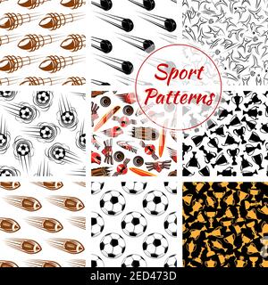 Sport seamless patterns set of balls, sports items. Vector ball of soccer, volleyball, rugby, hockey puck. Background of gold cup awards, sportsman, s Stock Vector