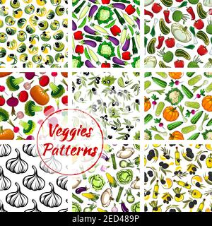 Vegetables patterns set. Veggies seamless vector background of fresh, farm organic vegetarian pumpkin, cabbage, cauliflower, olive oil, garlic, cucumb Stock Vector
