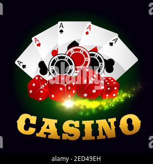 Casino vector poster. Poker cards, gaming dices, bet chips, ace spades. Gambling poker game on green casino table background Stock Vector