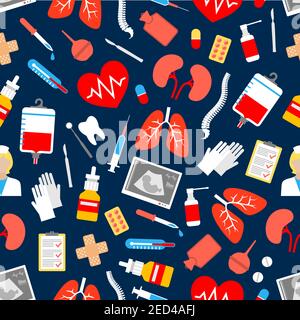 Medicine and healthcare seamless pattern with heart and syringe, thermometer, doctor and pill, blood, tooth, dental mirror and scalpel, lungs, medicat Stock Vector