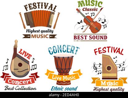Musical instruments vector isoloated icons for music festival or folk concert. Badges of harmonica accordion, flute, violin, contrabass, music notes c Stock Vector