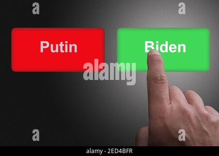 Red button with Putin writing and green button with Biden writing concept for Relations between United States and Russia always difficult Stock Photo
