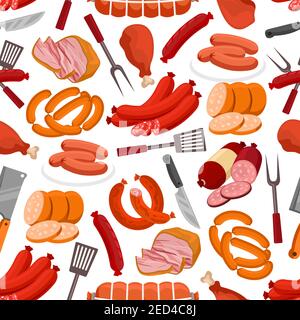 Meat delicatessen pattern. Vector seamless background of sausages, smoked bacon and roast beef, beef steak, ham and pork wurst, salami and schnitzel, Stock Vector