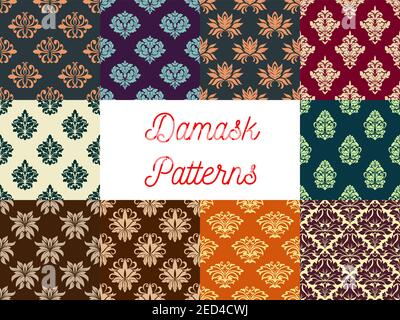 Damask patterns set. Vector floral backgrounds of flowery ornate motif. Flourish seamless tiles Stock Vector