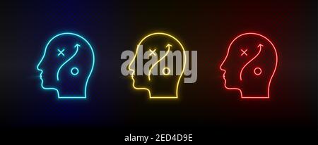 Neon icon set Human mind, head, planing. Set of red, blue, yellow neon vector icon Stock Vector