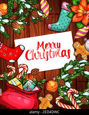 Merry Christmas holiday sketch poster. Gift box with bow, candy cane, pine wreath with snow and bauble ball, gingerbread man, sock and poinsettia on w Stock Vector