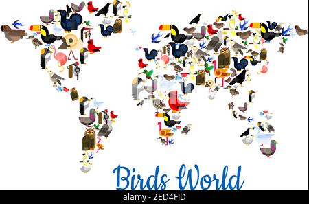 Birds world in shape of world map with continents. Vector flamingo, peacock, sparrow and pigeon, owl and swallow, ostrich, colibri and swan, swallow a Stock Vector