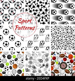 Sporting ball, items and trophy seamless pattern background with set of ball for soccer, football, volleyball, basketball, rugby and baseball games, h Stock Vector