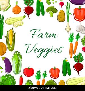 Farm vegetable poster. Fresh veggies with pepper and tomato, carrot, onion and potato, broccoli, cucumber and garlic, cabbage, radish, beet and zucchi Stock Vector