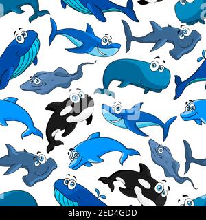 Marine fish seamless pattern background. Sea and ocean mammal animal cartoon pattern with dolphin, shark, whale, stingray, killer whale, hammerhead sh Stock Vector