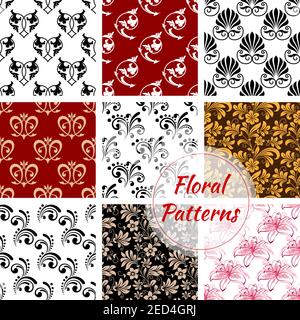 Floral seamless pattern background. Set of blooming flower with leaf, victorian flourishes and swirling line. Wallpaper, interior textile or scrapbook Stock Vector