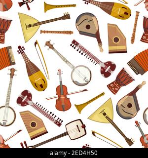 Ethnic musical instrument seamless pattern with lute and drum, violin, lyre, mandolin and banjo, sitar, wooden flute and psaltery, balalaika, accordio Stock Vector