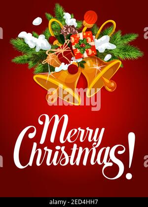 Christmas bell with gift box greeting card. Golden jingle bell on snowy pine branch with presents, holly berry, ribbon bow and mistletoe. Merry Christ Stock Vector
