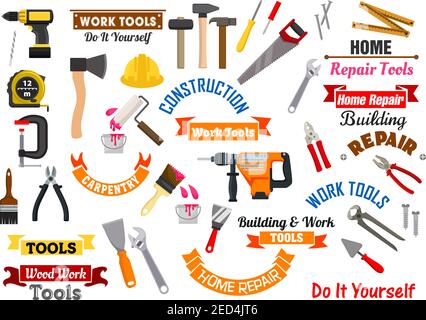 Repair, construction and carpentry work tools. Vector isolated icons, symbols, badges of home repair working instruments fretsaw and pliers, hammer, n Stock Vector