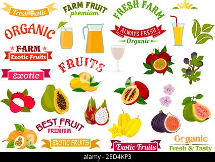 Fruit juice badges set. Organic farm and tropical exotic fruits papaya, orange, lychee, dragon fruit, fig, guava, carambola, passion fruit maracuya. F Stock Vector