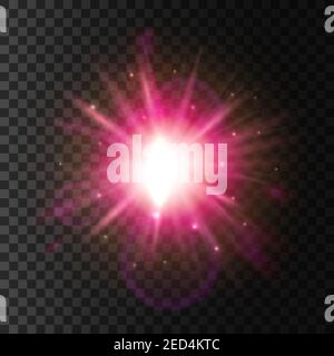 Light flash blur. Shining star with sparkling lens flare effect. Glittering sun rays. Neon pink glowing luminous light. Glitter particles explosion ou Stock Vector