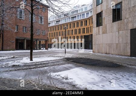 St Jakobs Platz / Square and the Jewish Museum in the snow, Munich Stock Photo