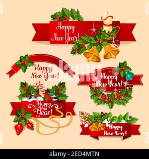 New Year ribbon banners set. Red label with holly berry and pine twig, candy cane and bauble ball, bell and candle, gingerbread and bullfinch on wavy Stock Vector