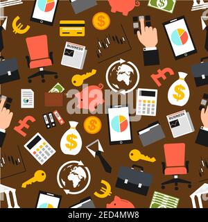 Business pattern. Seamless background of business economics items, businessman accessories flat icons. Vector boss chair, safe box key, money bag, cre Stock Vector