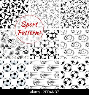Sport patterns set. Vector seamless background of soccer, volleyball and rugby, fitness and skiing, golf and skating, cycling and weightlifting, runni Stock Vector
