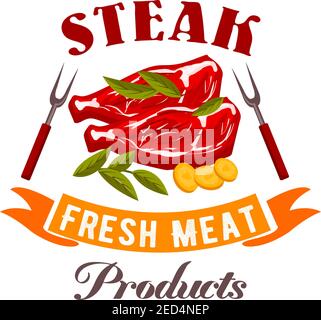 Steak sign. Fresh meat shop vector icon. Natural fresh meat steak of beef, pork, mutton with spices, herbs, vegetables for butcher shop, restaurant me Stock Vector