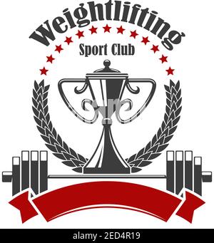 Weightlifting sign. Vector badge for weightlifter sport club gym. Icons of weight dumbbell, iron barbell, ribbon, stars, champion cup and winner laure Stock Vector