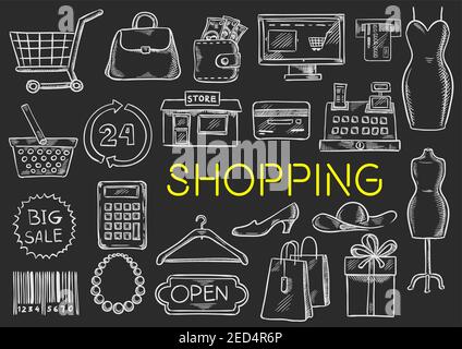 Shopping icons set. Vector isolated chalk sketch shopping items on blackboard. Shopping basket, price tag, barcode, money purse bag, shop counter, wom Stock Vector