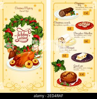Christmas holidays restaurant menu with prices template design. Festive chocolate cake, turkey, mulled wine, pie, dresden stollen, greek sweet bread, Stock Vector