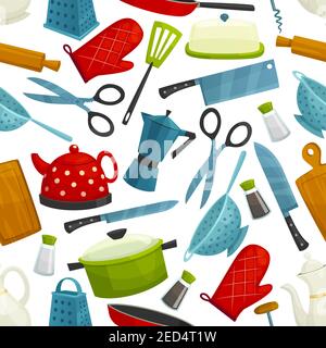Kitchenware, dishware seamless pattern. Vector background of cooking utensils electric kettle pot, coffee maker with cooking glove, knife and cutting Stock Vector