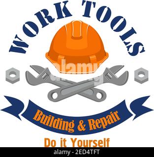 Repair and building vector sign, icon. Construction work tools spanners, worker safety helmet hat, bolts, nuts, ribbon Stock Vector