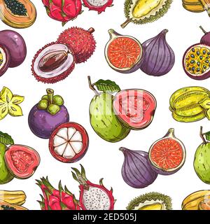 Fruits pattern. Vector seamless background of fresh exotic and tropical fruits. Whole and cut sliced durian, figs, carambola, dragon fruit, guava, lyc Stock Vector