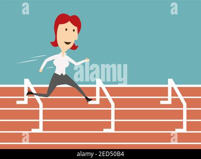 Woman manager run on sport track and jump over barrier. Business metaphor of overcoming obstacles and successful job career achievement. Vector illust Stock Vector