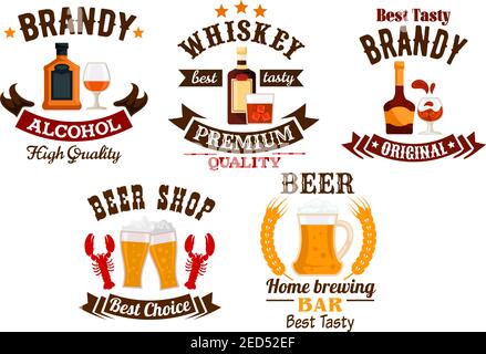 Beer bar sign. Whiskey, brandy, draught beer vector isolated alcohol drinks icons set. Bar, brewery pub emblems, ribbons, stars, glasses, mugs Stock Vector