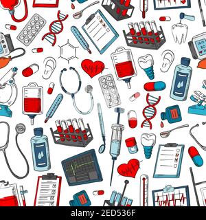 Medical tools and medicine pattern. Vector seamless background of medical items, doctor, pills, drugs, lungs, microscope, heart, blood and dna, x-ray, Stock Vector