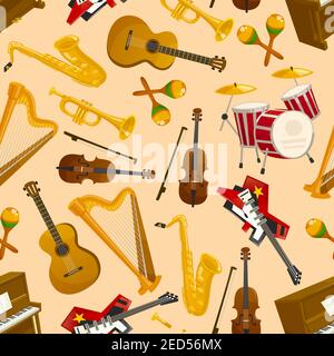 Music pattern. Vector seamless background of string and wind musical instruments electric and acoustic guitar, saxophone, harp, drum, violin bow, cymb Stock Vector