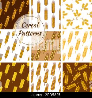 Wheat and rye ears patterns set. Vector seamless background of oat cereal, millet grain, malt grain, spike, barley grain. Backdrops for bakery, pastry Stock Vector