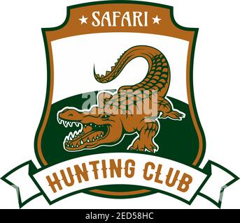 Safari Hunting club emblem. Vector isolated shield shape icon or badge with African crocodile alligator in river and ribbon. Hunting sport adventure c Stock Vector
