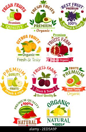 Fruit juice drink isolated icons and badges. Vector juicy apple, guava, grape, orange, pomegranate and pear, plum, pomelo, watermelon, lemon citrus Stock Vector