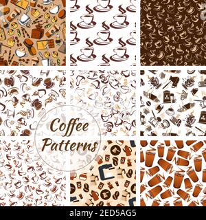 Coffee patterns set of vector coffee bean, cup of hot cappuccino or moka, sweet cupcakes and biscuits, cakes and muffins, coffee mill or grinder and c Stock Vector