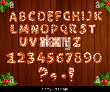 Letter and number font made up of Christmas gingerbread on wooden background, decorated by holly berry branches. Christmas gingerbread cookie alphabet Stock Vector