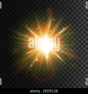 Star light with lens flare effect. Shining sun glow. Sparkling light particles and sun rays on transparent background with halo effect Stock Vector