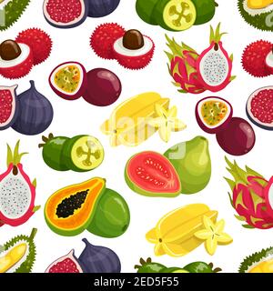 Tropical fruits pattern of orange, papaya, durian and guava, carambola and dragon fruit, lychee and feijoa, passion fruit maracuya, longan and figs, r Stock Vector