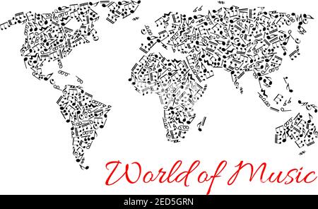 Musical notes in shape of world map. Vector icons of music stave pattern designed in form of continents. Africa, America with Australia, Europe and As Stock Vector