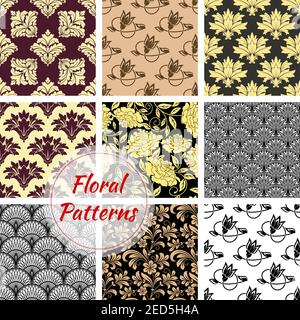 Floral background. Flourish flowery decor tiles set of baroque embellishments and ornamental rococo adornments. Drapery and tracery luxury backdrops. Stock Vector