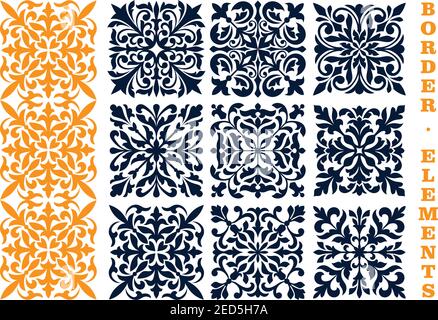 Ornamental floral pattern border elements. Curled and curved decorative openwork decoration borders Seamless tile of stylized leaves, branches, tendri Stock Vector
